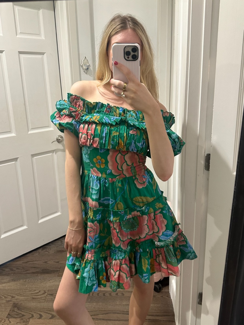 Green Floral One-Shoulder Ruffle Mini Dress